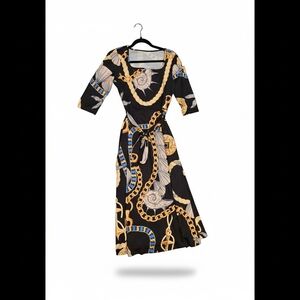 Source Unknown Black Midi Dress with Gold Chain & Blue Accents